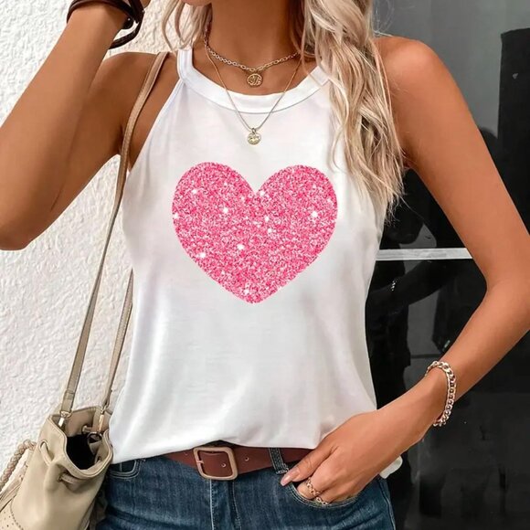 Brand New White Tank Top with Pink Glittery Heart with a Crewneck Size M - Picture 1 of 4